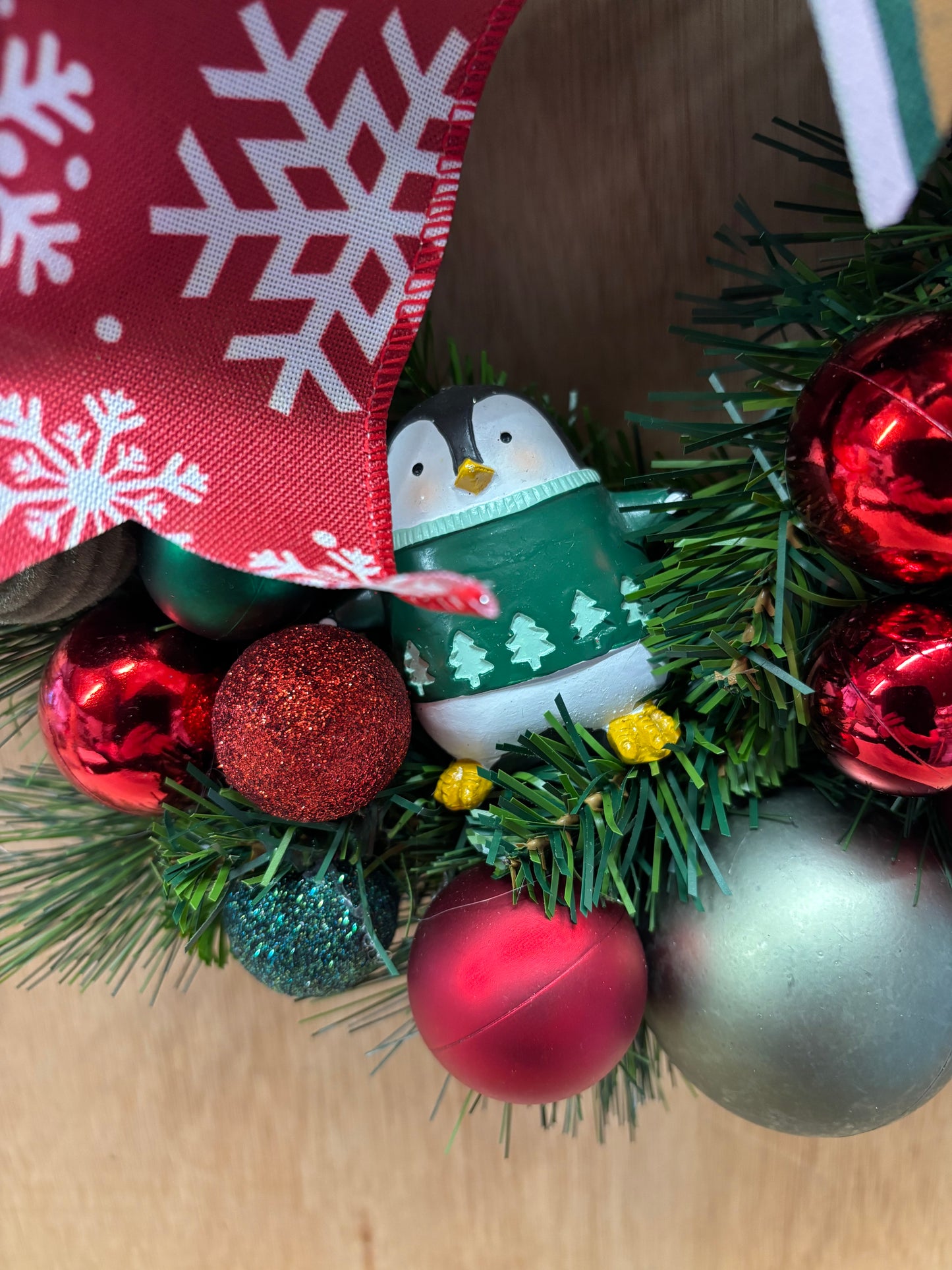 Green and Red Penguin Wreath